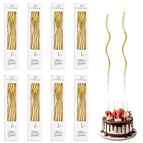 48 Stück Spiral Kuchen Kerzen Goldene Kerzen Torte Champagner Gold 15 cm Spiral Geburtstagskerzen Gold Geburtstagskerze Wellen Tortenkerzen Geburtstag mit Ständer für Geburtstag Hochzeit Party