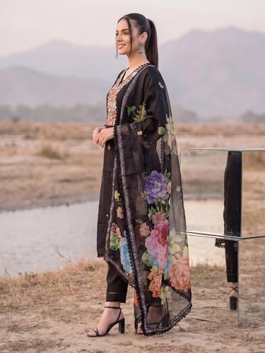 Image of INDO ERA Women's Silk Blend Embroidered Thread Work Kurta & Pant with Dupatta Set