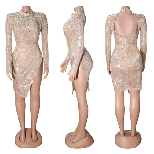 Long Sleeve Backless Dress Mesh Rhinestone Birthday Dress Ruched Prom Dress