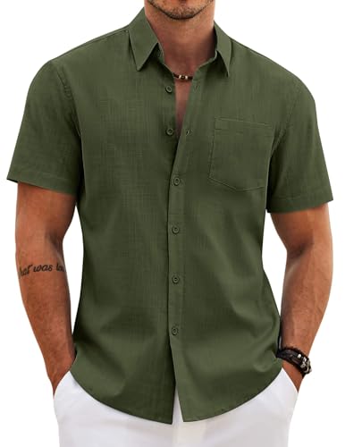 Image of COOFANDY Men's Button Down Short Sleeve Shirt Casual Cotton Summer Beach Wedding Linen Shirts with Pocket