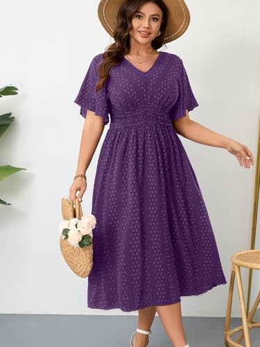 Image of RWJ Women's Plus Size Maxi Dress V Neck Short Sleeve Swiss Dot A Line High Waist Boho Swing Casual Summer Dresses