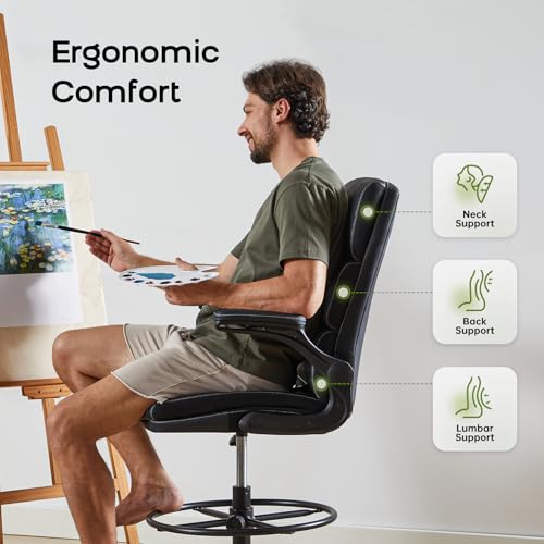 Image of Drafting Chair Tall Office Chair with Padded Flip-up Armrests Executive Ergonomic Computer Standing Desk Chair with Comfortable Leather Backrest and Adjustable Footrest Ring (Black)