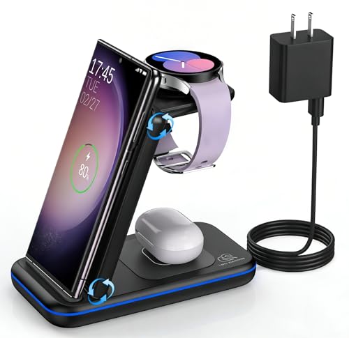 Wireless Charging Station for Samsung/Android, Fast Wireless Watch Charger Station Compatible for Samsung Galaxy S25 Ultra/S24/S23+/Z Flip 7/6 Fold 7/6, Watch8/7/Pro/Active 2 Galaxy Buds3/2 Pro(Black)