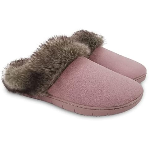 ofoot Womens Winter Warm Moccasins Suede Mules Slippers House Slip On Furry Fur Shoes Cozy Fleece Cable Knit Lined Thick Memory Foam Hard Soled for Indoor Outdoor (Pink, US 12-13) Cover