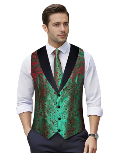 Image of DiBanGu Mens Paisley Suit Vest Silk Jacquard Waistcoat and Necktie Set Formal Shawl Collar Dress Vest 7PCS for Wedding Party