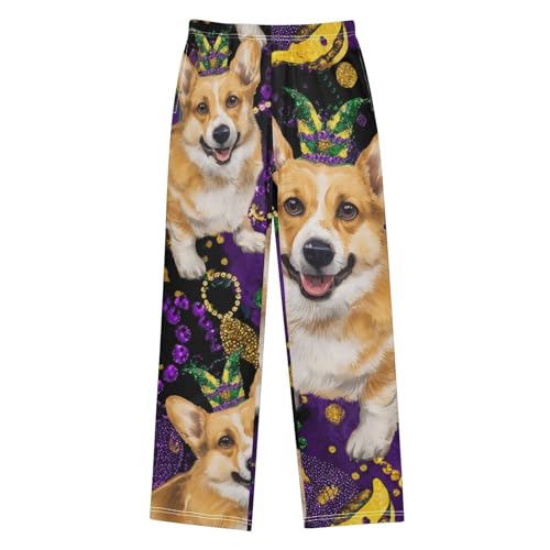 Corgi Dog Mardi Gras Feather Boys Long Pants Soft Trousers Elastic Waist Kids Lounge Bottoms with Pockets S-XL