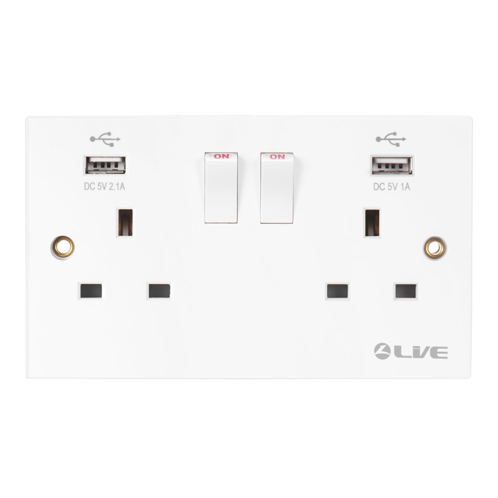 LVE USB Switched Electric Outlet, 2 Gang 13A Wall Double Socket with 2 USB Ports (5V 2.1A + 5V 1A), White Finish, 146mm x 86mm