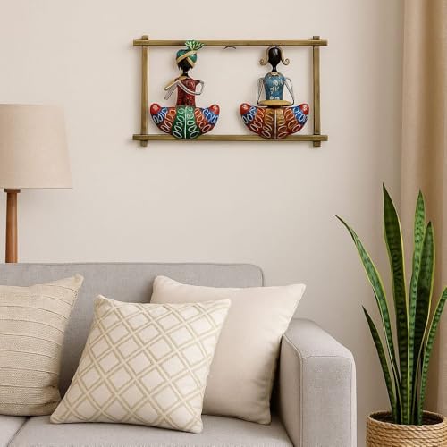 Image of SHREE 'O' GREEN TECH - Metal Multicolor Musician Couple Wall Hanging Rajasthani Lady Sardar Decorative Showpiece Art Frame