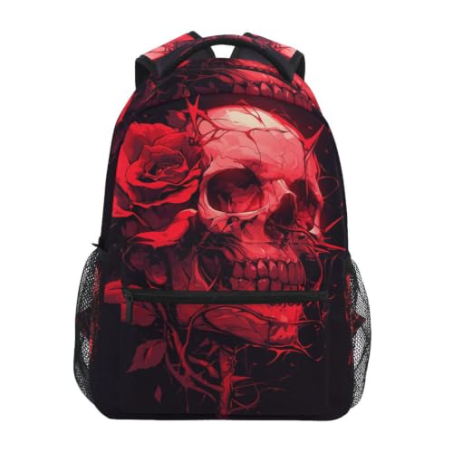 Sac à dos école crâne rouge et roses pour ordinateur portable étudiant