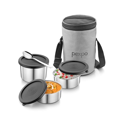 Image of Go24 pexpo Marvel-3 Stainless Steel Meal Box with 3 Containers (2 * 280ml & 430ml), 1 Spoon & Bag - Grey & Black|BPA Free Lid | Leak Proof | Lunch Box for Office Men and Women