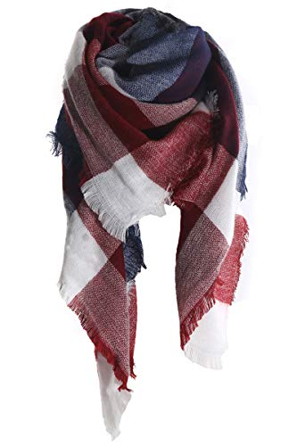 Yanekop Womens Plaid Blanket Scarf Big Square Scarves Warm Tartan Checked Shawl(Navy Burgundy)