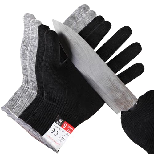 AUKLETBLIEF 4 PCS Kitchen Work Safety Protection Anti-Cutting Gloves Grade 5 Wear Resistance,Peel The Shell, Cut The Meat (Black- Grey, Large)