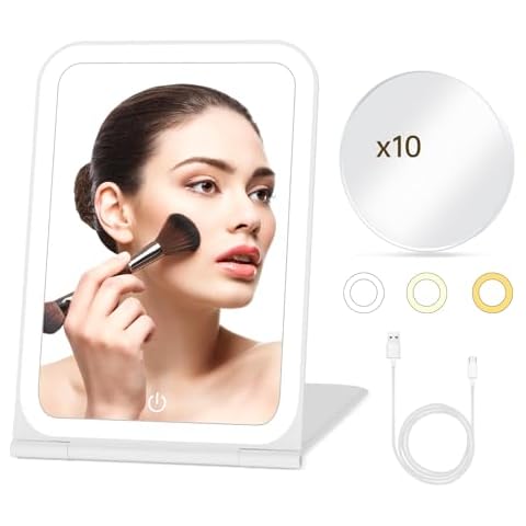 RAYOCON Rechargeable Travel Makeup Mirror with 10X Magnifying Mirror,Lighted Makeup Mirror with 72 LEDs,3 Color Lighting,Dimmable Touch Screen,Portable Vanity Mirror with Lights,Women Gift Cover