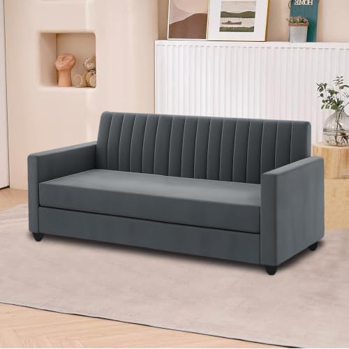 Image of 3+2 Fabric Sofa Set with Ottoman for Living Room | Modern Upholstered 5-Seater Couch | Soft Cushion, Premium Velvet Fabric - Grey Color