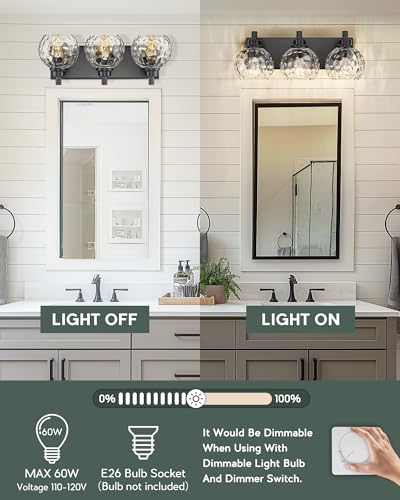 Image of Bathroom Light Fixtures Over Mirror, 3-Light Matte Black Vanity Light with Clear Hammered Glass Globe Shade, Modern Sconces Wall Lighting for Bedroom Hallway, VL200-MB-3
