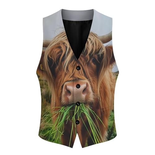Cute Highland Cow Eating Wildlife Men's Suit Vests Business Formal Dress V-Neck Waistcoat Tops with 2 Pockets4