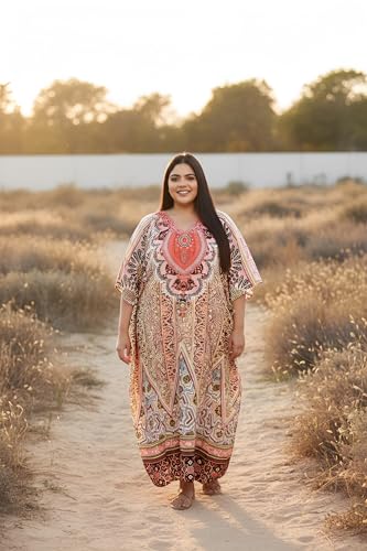 Image of Women Long Maxi Plus Size Polyester Kaftan Gown, Womens Kaftan Dresses | Lounge Resort Wear, Batwing Sleeve Side Slit, Beach Cover Up, House Dress, Lightweight V Neck Loose Fit Boho Dress