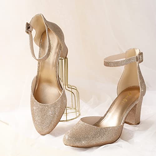 Image of Ankis Closed Toe Heels for Women -Gold Womens Heels Closed Toe Chunky Block Pumps Shoes, 3 Inch