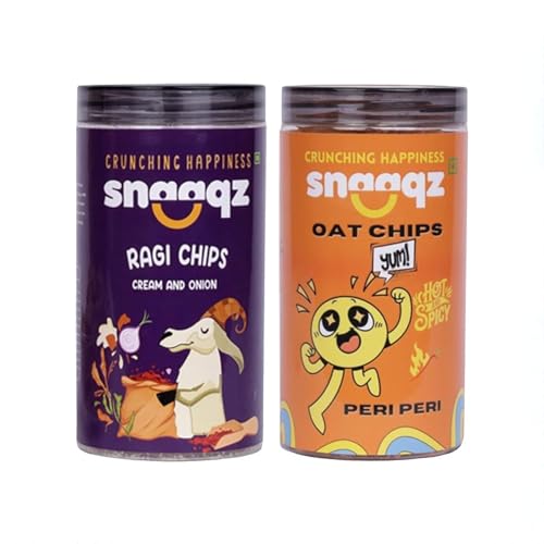 Image of Snaaqz Supergrain Chips Combo | Peri Peri Oat Chips, Ragi Cream & Onion Chips | Pack of 2 | 150g Each | High Protein Millet Chips | Baked & Crunchy | Natural Ingredients | Low Calorie | Healthy Snacks for Adults & Kids