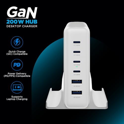 Image of URBN 200W GaN Power Hub | 6-Port Desktop Charger (4 USB-C + 2 USB-A) | QC, PD & PPS Compatible | Super Fast Charging 2.0 | 12-Layer Protection | 1.5M Power Cord for Laptop, iPhone, Samsung, MacBook