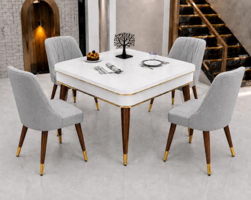 Image of WOODEN SPACE 4 Seater Wooden Dining Table Set | Urban Marble Top Dining Table with Chairs for Dining Room & Kitchen (Modern Frontline Light Grey) (42 x 42 x 30 inch)