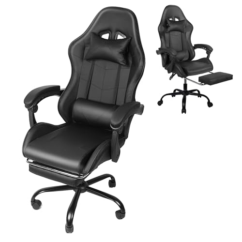 Image of Gaming Chair, Ergonomic Computer Chair with Footrest and Lumbar Support, Height Adjustable Office Chair with 360 Swivel Seat and Headrest (Black)
