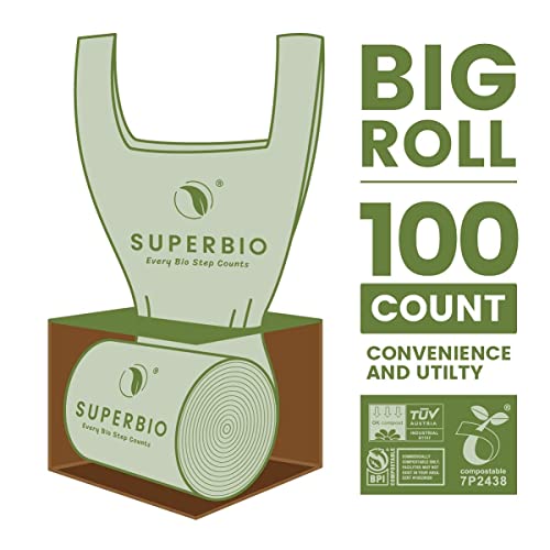 Superbio 2.6 Gallon Compostable Handle Tie Garbage Bags, 100 Count, 1 Pack, Kitchen Trash Bag With Handle, Food Scrap Small Bags Certified By Bpi And Ok Compost Meeting Astm D6400 Standards #TOP2