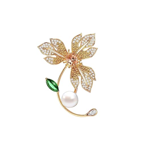 Image of Flower Floral Pearl Brooch Rhinestone Crystal Brooch Leaf Bouquet Brooch Pin Fashion Dress Accessories Birthday Graduation Jewelry Gift For Women
