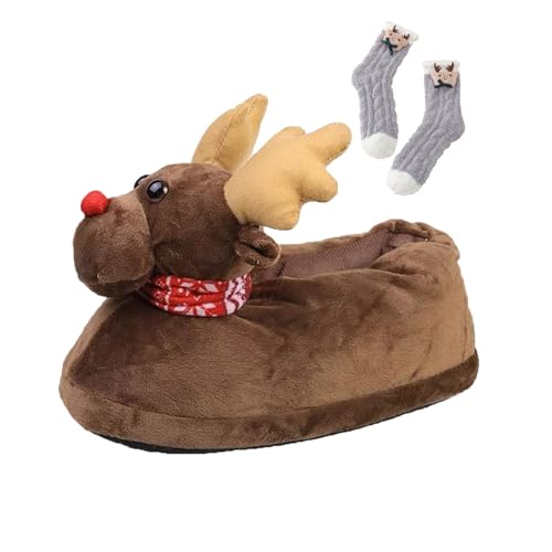 Reindeer Christmas Slippers, Plush Soft Warm Home Indoor Slippers for Men Women