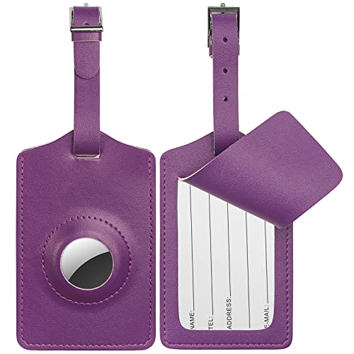 [2 Pack] Luggage Tags, Leather Case Luggage Bag Tags Travel Tags for Travel Bag Suitcase, Combo with AirTag case (Purple)