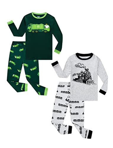 Family Feeling Little Boys 4 Piece Girls Pyjamas 100% Cotton Long Sleeve train Pajamas Sets truck Pjs 4T