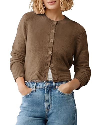 Mulheres acolhedor manga comprida frente aberta casaco slim fit decote redondo botão down malha cardigan, Café urze, S