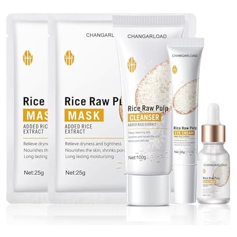 Rice Skin Care Sets For Women, 5/6Pcs Skin Care Kit, Moisturizing Skin Care Gift Set , Face Care Kit Inclusde Rice Mask, Cleanser, Toner, Lotion, Eyecream, Face Serum (5pcs Rice Raw Pulp) Cover