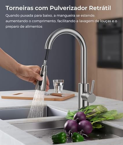 Torneira Cozinha, Torneira Gourmet Cozinha, Aço Inox Escovado, Monocomando, Extensor