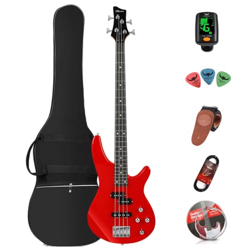Kit de bajo eléctrico de 4 cuerdas, tamaño completo, para principiantes, color negro, con bolsa de concierto, correa de guitarra y cable de guitarra (rojo)