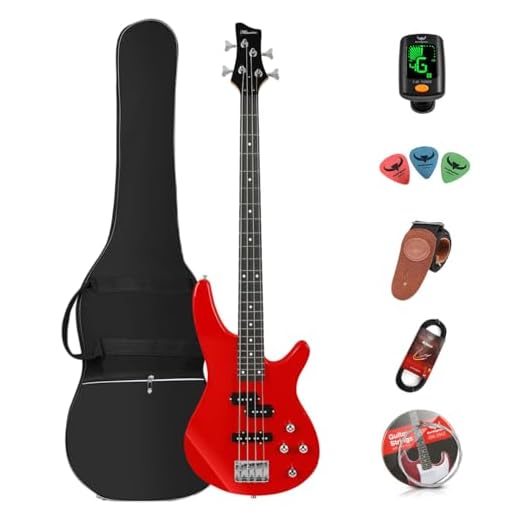 Kit de bajo eléctrico de 4 cuerdas, tamaño completo, para principiantes, color negro, con bolsa de concierto, correa de guitarra y cable de guitarra (rojo)
