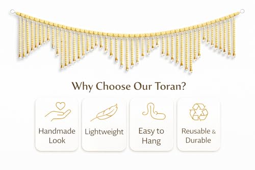 Image of Decorative Golden Beads Toran for Door | Handmade Look Hanging Bandarwal | 3 Feet Length | Lightweight & Reusable Festive Home Decor for Diwali, Pooja & Wedding
