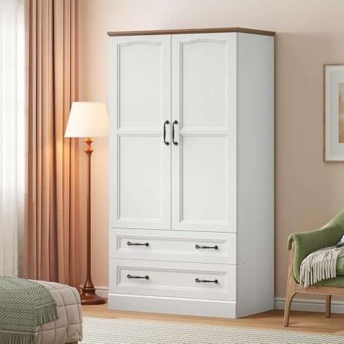 HOOBRO Armoire Wardrobe Closet with 2 Doors and 2 Drawers, 70.9" Tall Bedroom Armoire with Hanging Rod, Farmhouse Wardrobe Closet for Bedroom, Freestanding Clothing Storage Cabinet, White and Walnut - Image 3
