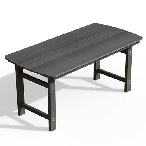 Image of Ciokea HDPE Outdoor Dining Table with Umbrella Hole,66 inch Rectangle Patio Table for 6,All-Weather Outdoor Patio Furniture Set for Garden Backyard,Grey