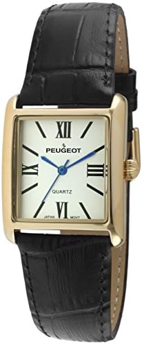 Peugeot Women's 14K Gold Plated Tank Leather Dress Watch with Roman Numerals Dial, Black