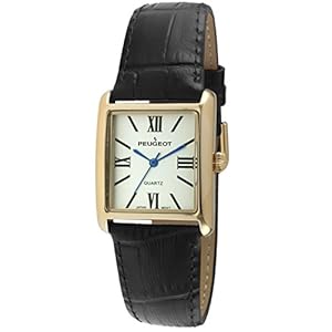 Peugeot Women’s 14K Gold Plated Tank Leather Dress Watch with Roman Numerals Dial