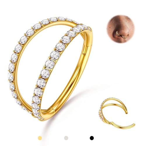 BodyBonita Double Hoop Nose Ring - 14K Gold Plated 316L Stainless Steel Septum Clicker 16G CZ Conch Piercing Jewelry Helix Rook Tragus Lip Rings Cartilage Earring 6 mm