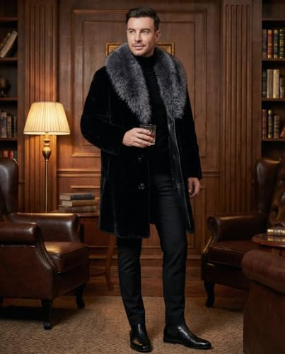 Image of Long Faux Fur Coat Outwear Black Winter Parka Overcoat for Men