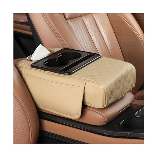 Image of Car Armrest Cushion, 5-in-1 Nappa Leather Vehicle Centre Console Cover with 2 Storage Pockets, Cup Phone & Phone Holder, Multifunctional Auto Organiser Accessories, Universal Fit (Beige)