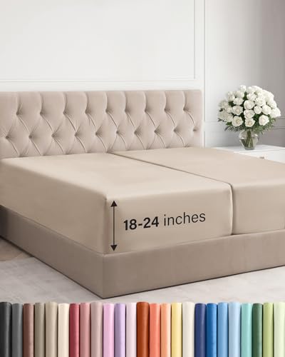 Image of Extra Deep Split King Fitted Sheet - Single Fitted Sheet Only - Wheat | Easily Fits 18 inch to 24 inch Mattress, Soft, Wrinkle Free, Breathable & Comfy, Extra Deep Pockets Hotel Luxury Fitted Sheet