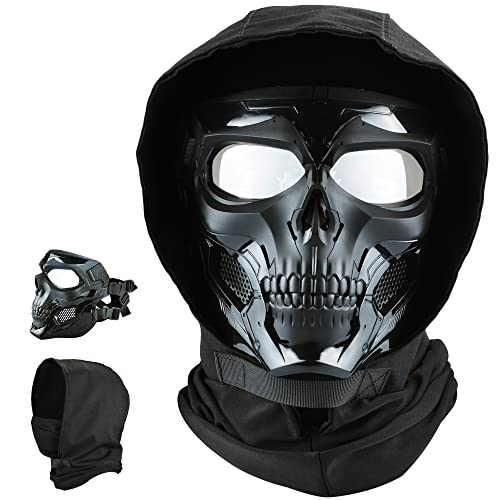 Guayma Airsoft Skull Mask Full Face Protective with Tactical Military Balaclava Headgear for Paintball Shooting CS Halloween Cosplay Party Outdoor Sport Costume Movie,Black