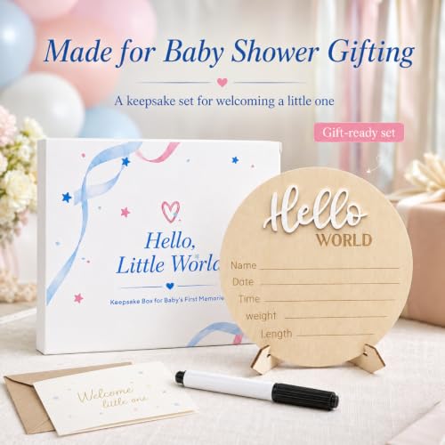 Image of Hello World Baby Announcement Sign Newborn Welcome Plaque Box Set