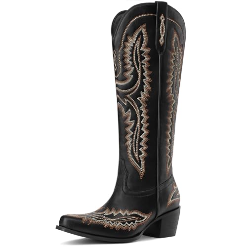 MUCCCUTE Cowboy Boots for Women Cowgirl Boots Western Knee High Pointed Toe with Classic Embroidery Side Zipper Chunky Heel Pull On Retro Country Tall Boot
