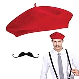 2 Pièces Accessoires de Déguisement Français, Chapeau Béret Francais et Fausse Moustache, Accessoires de Style Français pour Carnaval, Spectacle, Halloween (Rouge)