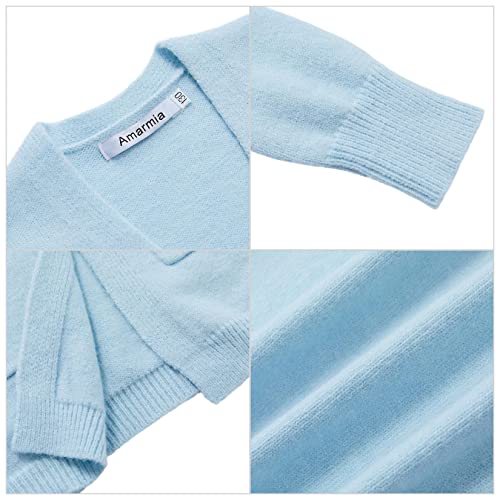 Amarmia Girl's Open Front Cardigan Long Sleeve Knit Sweaters Solid Cute Casual Loose Outerwear Coats with Pockets Blue by Amarmia - Image 2